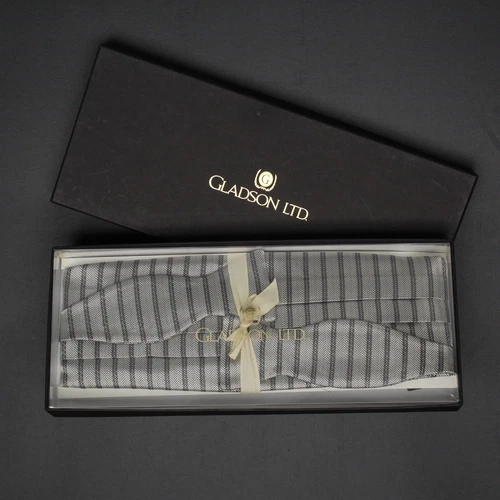 Gladson Mens Silk Bow Tie Cummerbund Box Set Silver Gray Stripe Wedding Formal