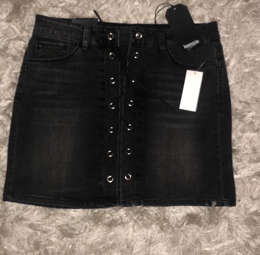 Kensie Black Lace Up Stretch Denim Mini Skirt Size 6