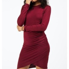 Francescas Burgundy Faux Wrap Long Sleeve Dress