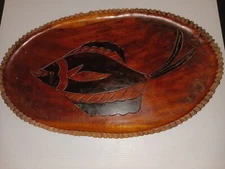 Vintage Hand Carved Oval Wood Serving Tray Platter Primitive Fish  17.75"x11"