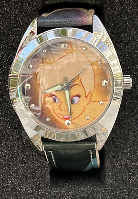 Disney Time Works Watch Tinker Bell Face Leather Band w/Tink Posing Nds Battery