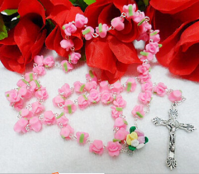 Catholic ROSARY- Light PINK Rose Flower soft ceramic bead with a Crucifix - New