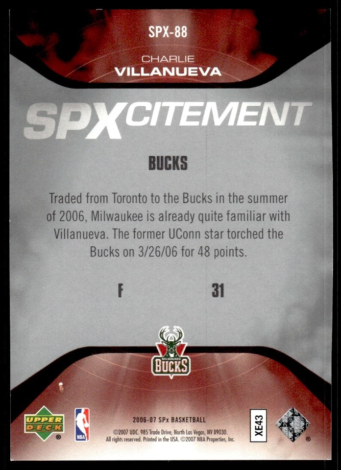 2006-07 SPx SPXcitement Charlie Villanueva /2999 Milwaukee Bucks #SPX-88 - Image 2 of 2