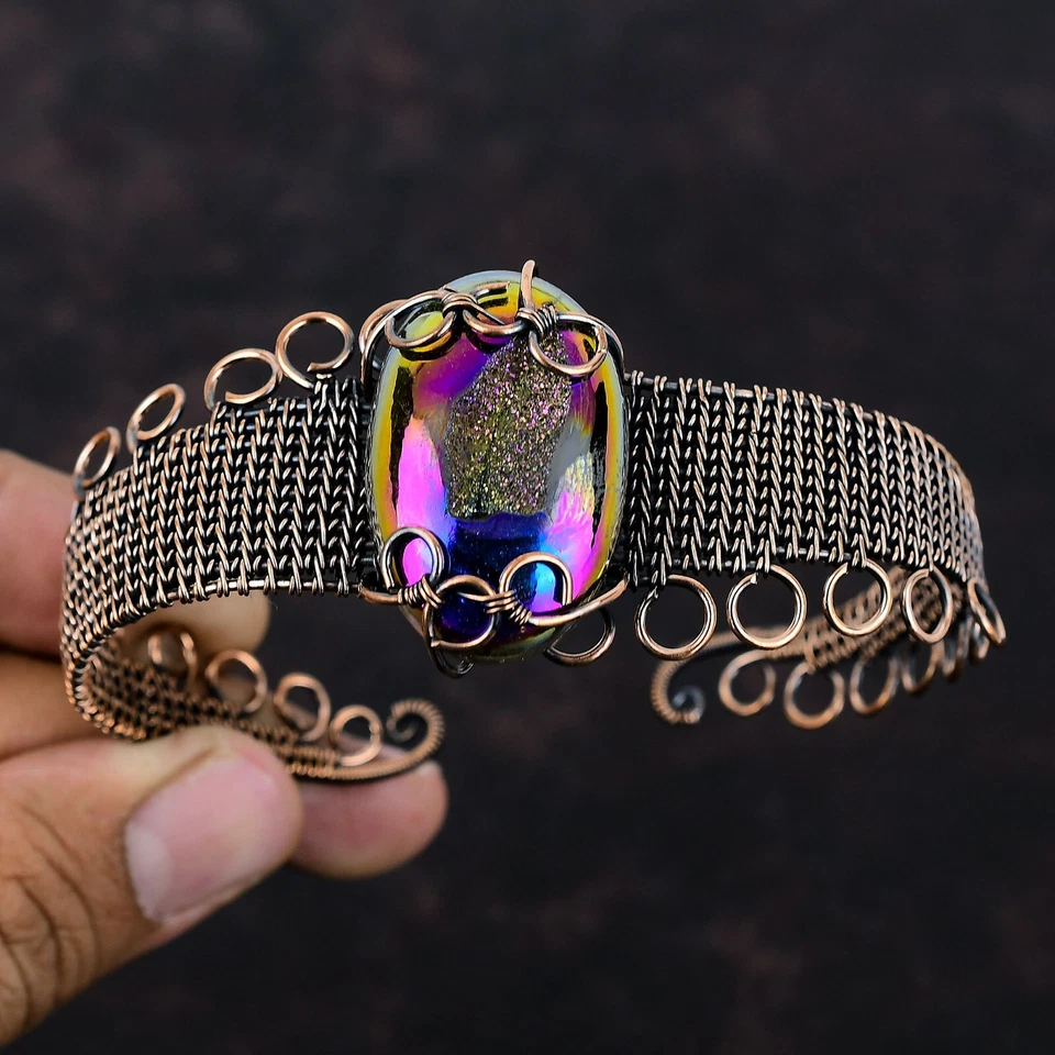 Elegante brazalete artesanal envuelto en alambre aniversario hermana cobre piedra druzy titanio Foto 2 de 4