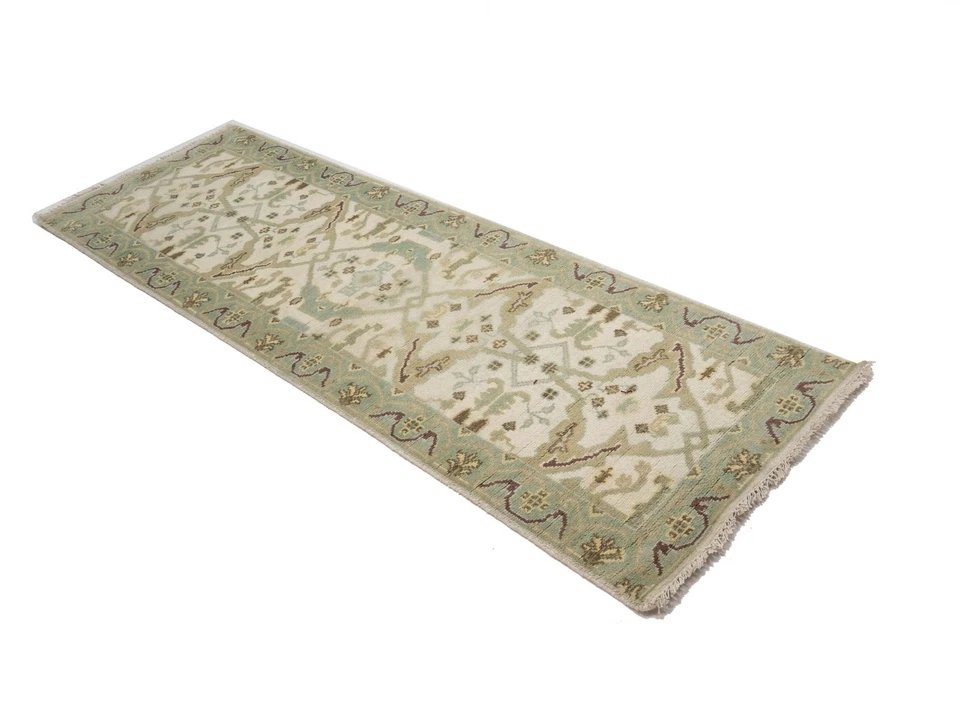 Hand-Knotted Muted Wool Oushak Oriental Runner Rug Floral Kitchen Carpet 3X8 - Image 3 of 4