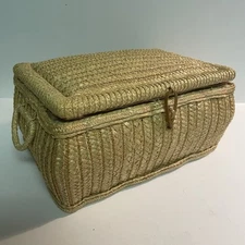 VTG Woven Braided Straw Sewing Box Filled w/ Thread, Ric Rac, Notions & Supplies