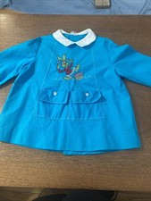 Vintage 1970s Childrens Blue Long Sleeve Dress White Collar Pockets Bunny Design