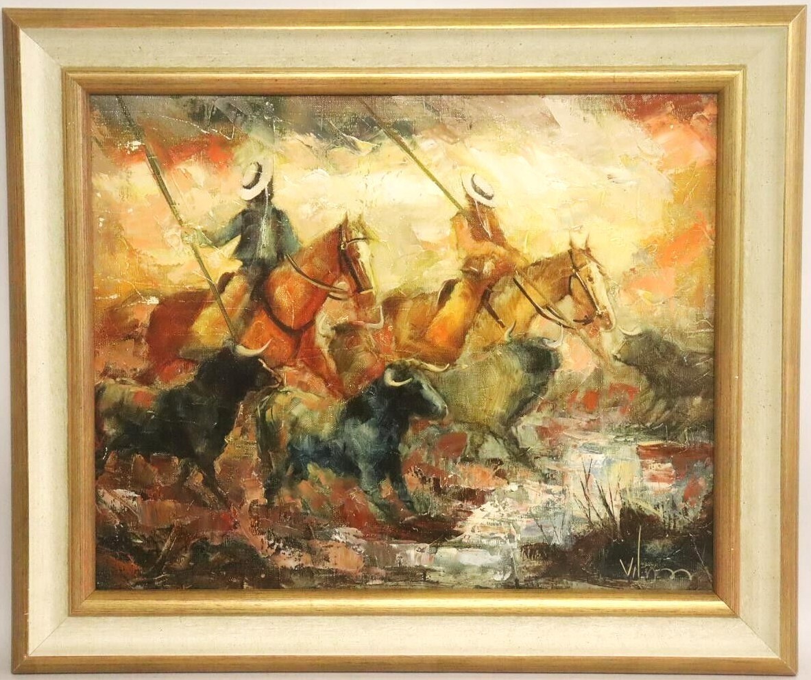 Oil painting bulls horses riders sig. 41x51cm Excellent!