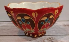 Coastline Import Hand Painted Ceramic Cereal Pasta Scallop Bowl Red Boho Design