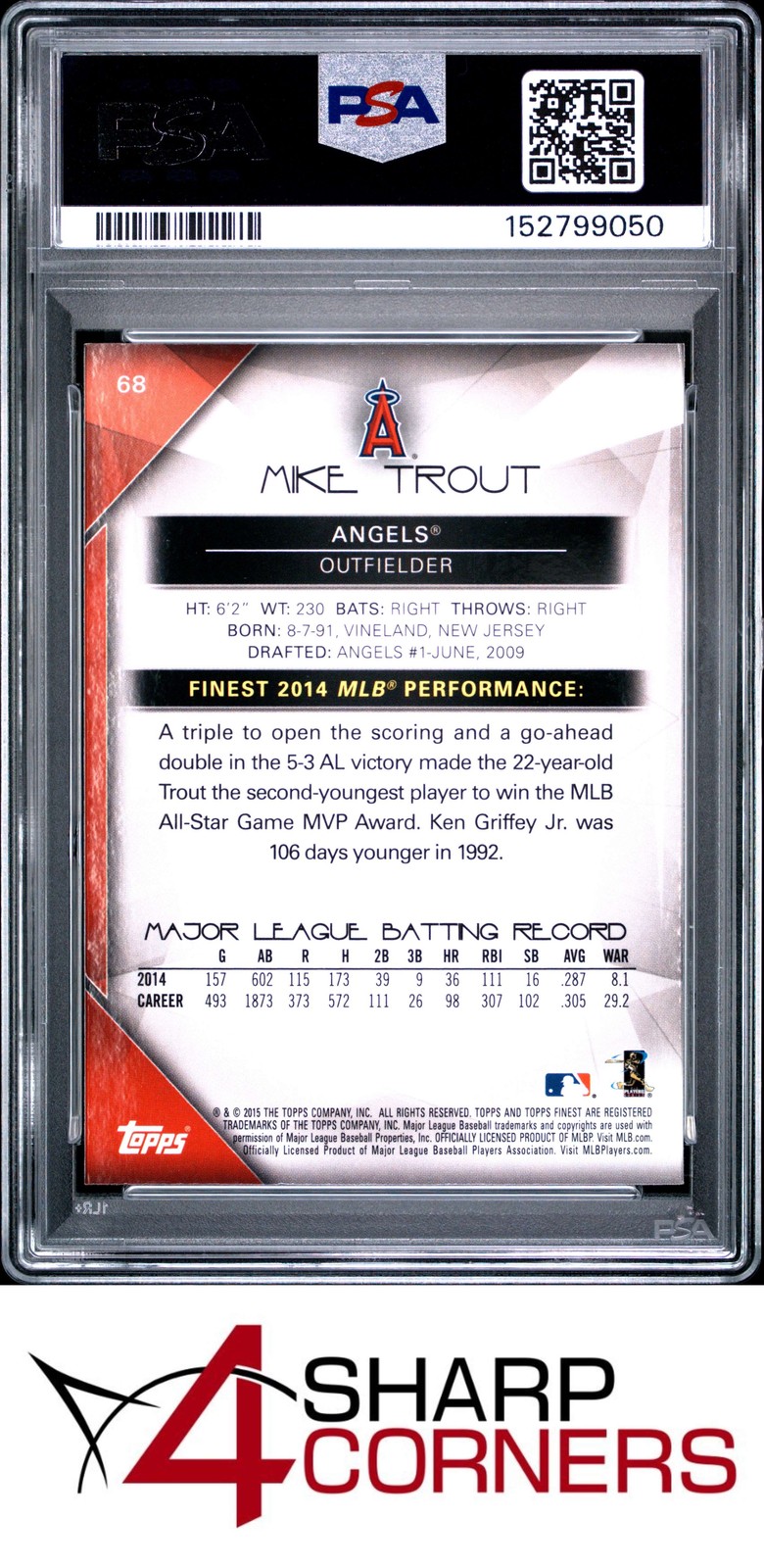 2015 FINEST #68 MIKE TROUT ANGELS PSA 10 view 2