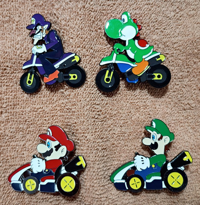 Large 4pc MARIO KART PIN SET Luigi Yoshi Waluigi Metal Pins Cart Bros Brothers 