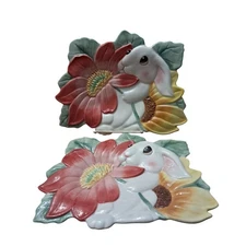 Fitz & Floyd Bunny Blooms Ceramic canape plates 9"x 8" Easter Springa