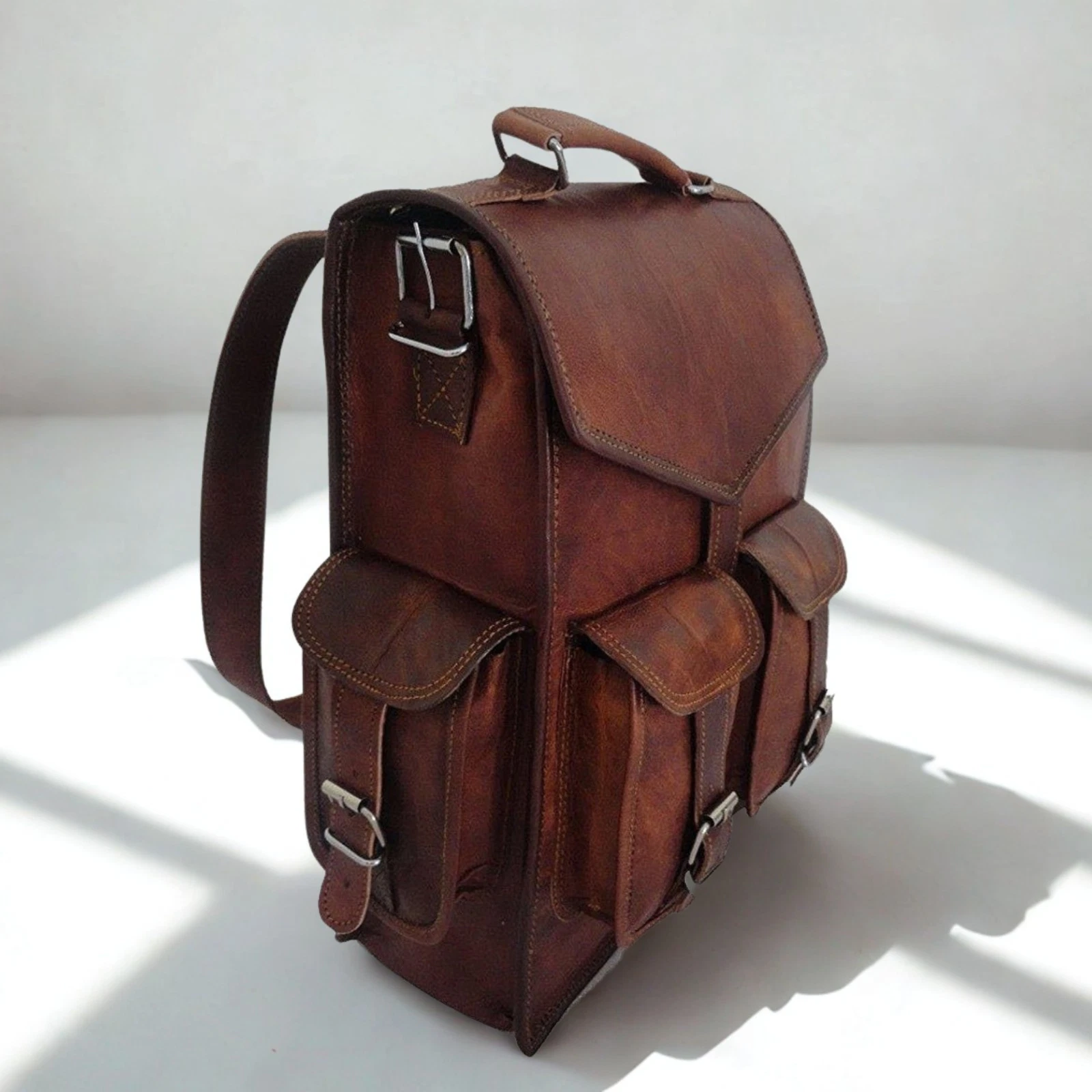 Vintage Brown Men’s Full-Grain Leather Convertible Backpack Briefcase - 15"