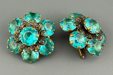 Vintage Teal Rhinestone Button Covers Filigree Floral Motif Brass Tone Prong Set