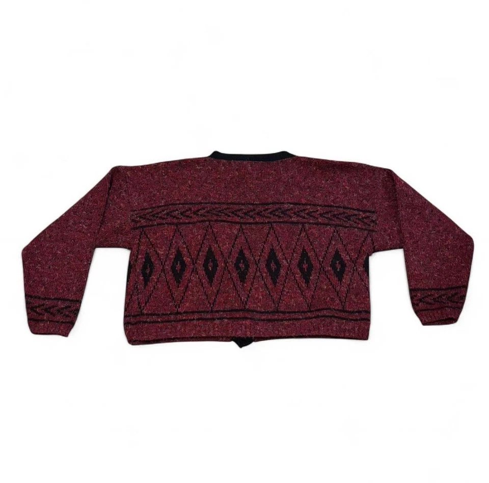 Suéter Cárdigan Cherokee Vintage Años 90 Borgoña con Diseño Azteca Negro Se Ajusta a M Foto 3 de 4