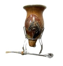 Yerba Mate Tea Set Gourd/Bombilla Straw Metal Holder Vintage Paraguay