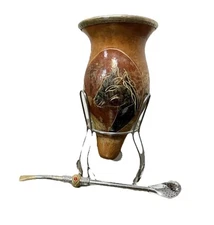 Yerba Mate Tea Set Gourd/Bombilla Straw Metal Holder Vintage Paraguay