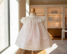NWT Will'beth Ivory Pink Sheer Pearl Smocked Bishop Dress Newborn Baby Girls 0