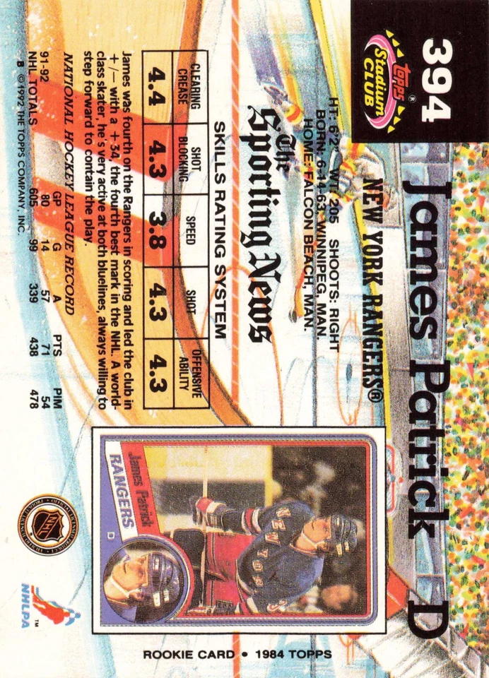 James Patrick 1992-93 Stadium Club #394 New York Rangers Hockey - Image 2 of 2