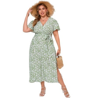 a line dress tall Women Green Satin Plus Size Wrap Dress