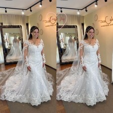 Long Sleeve Lace Mermaid Wedding Dress Plus Size White Bridal Gown with Train