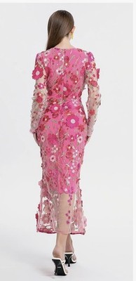 sheer floral bodycon dress Pink Embroidered Mesh Long Sleeve Sz M Sleeveless