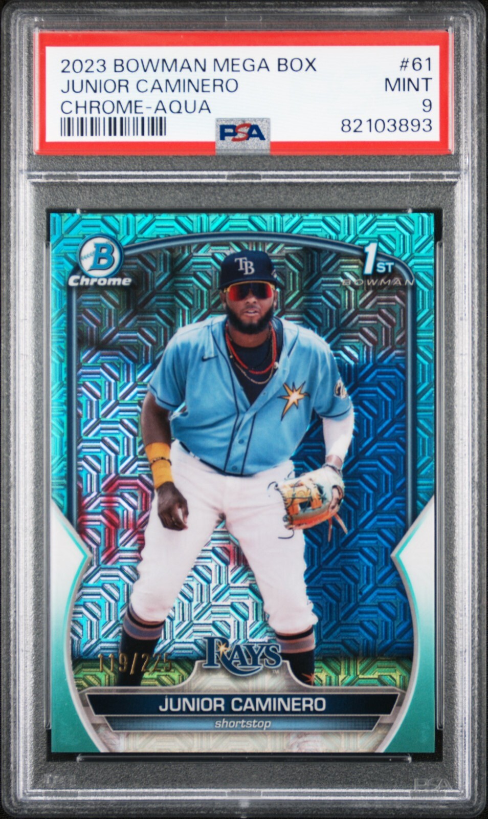 Junior Caminero 2023 Bowman Chrome Mega Box Aqua Mojo Card 119/225 #BCP-61 PSA 9