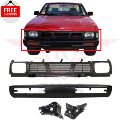 New Front Grille + Bumper Bracket + Bumper Black 4P Fits 1996-1997 Nissan Pickup