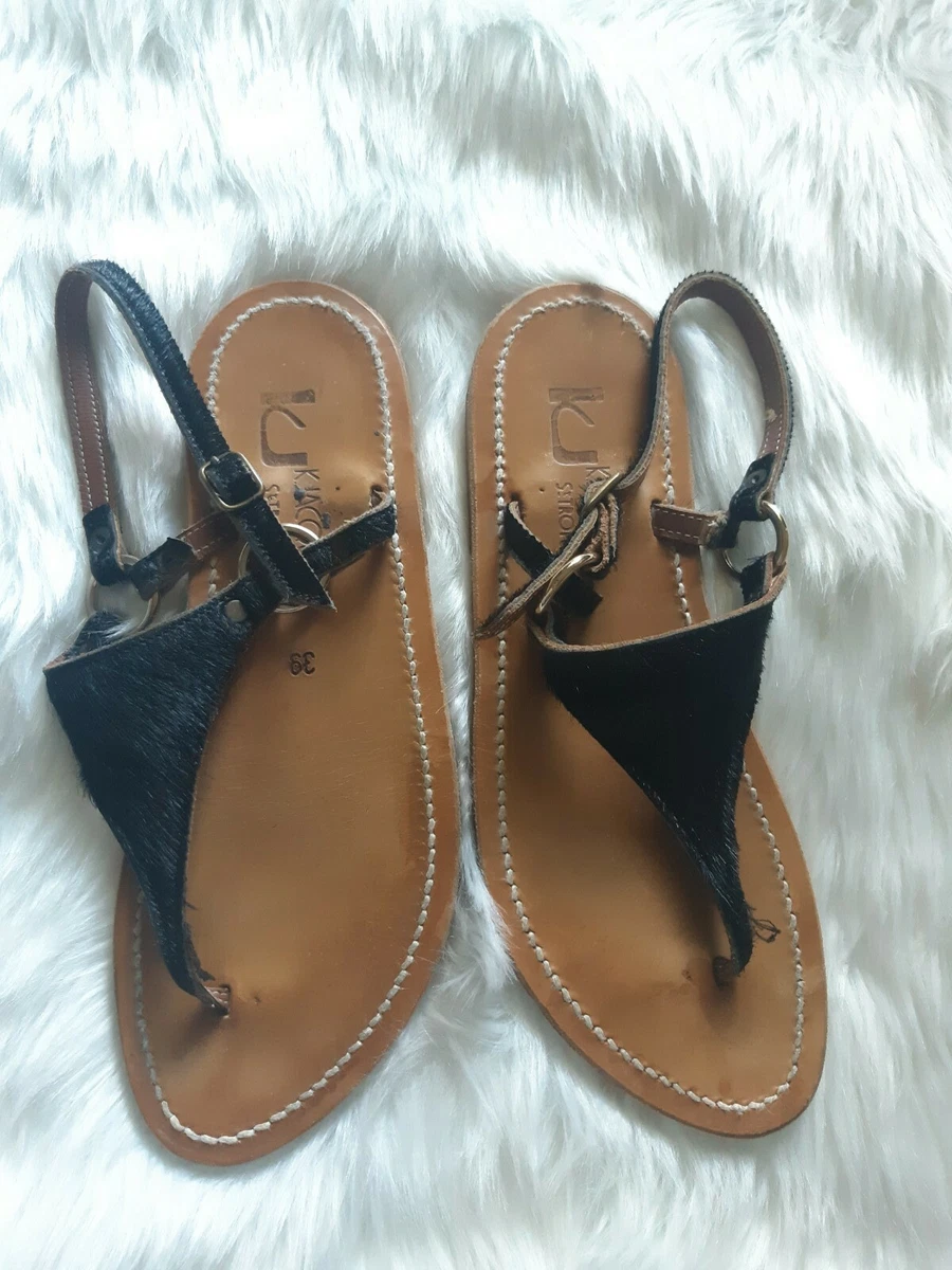 K Jacques S Tropez Sandals Buckle Thong Black Tan Size 39 9 Womens Flat