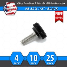  8-32 x 1/2" Thumb Screw Stainless Steel - Black Round Knurled Knob - USA