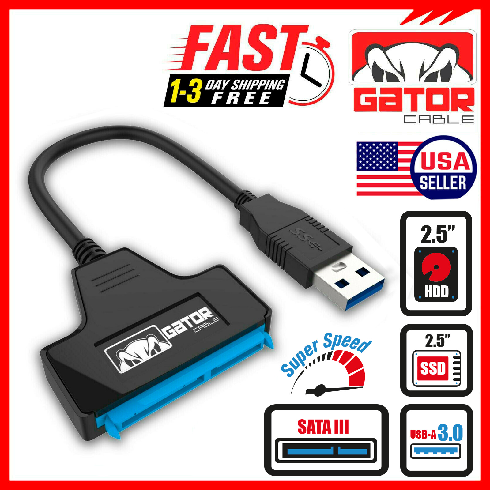 USB 3.0 to SATA III Hard Drive Adapter Converter Cable 2.5" HDD SSD UASP Powered