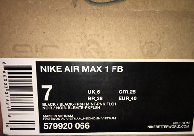 Nike Air Max 1 FB Yeezy Mens' Sz:7 Black 579920-066 Fresh Mint