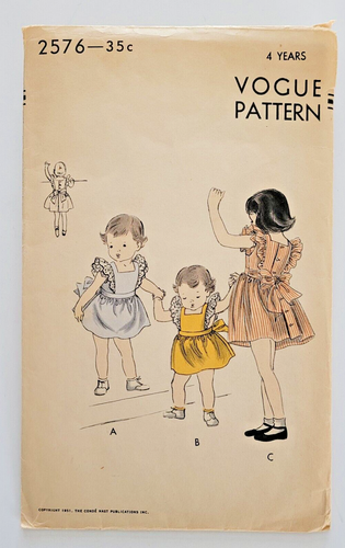 50s Vogue Sew Pattern 2576 Girls Pinafore Dress Ruffles Back Tie Sz 4 ...