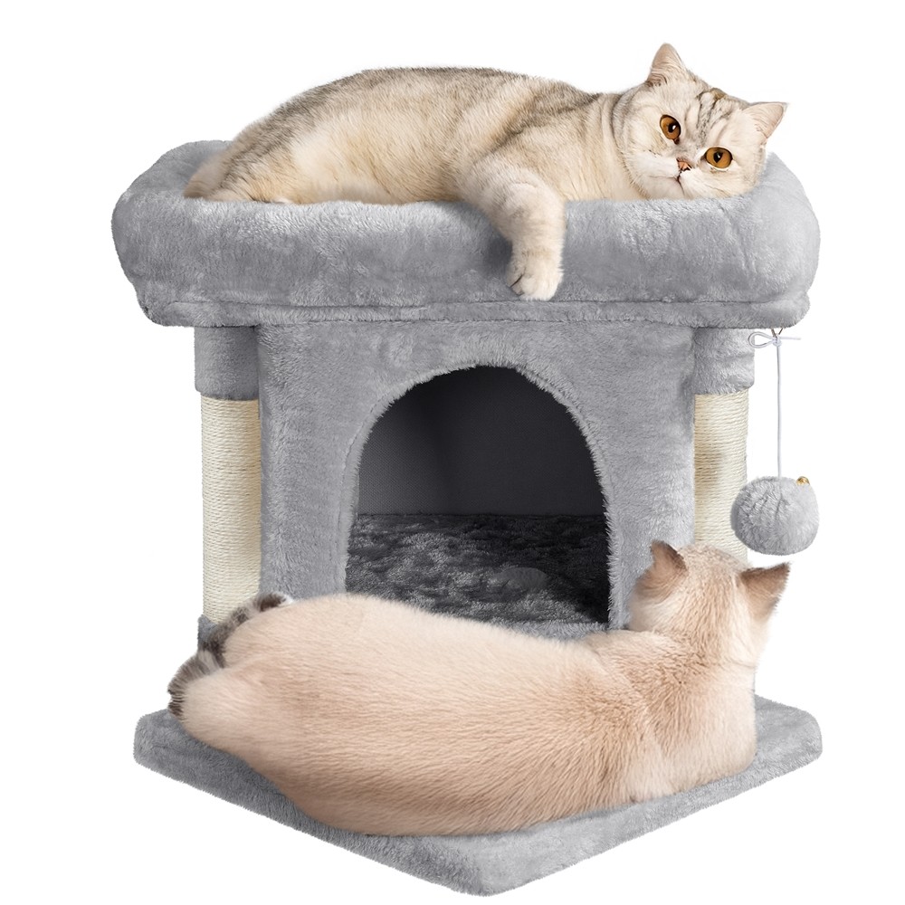 2-Layer Cat Tree with Condo/ Plush Perch/ Scratch Posts, Cat Climbing Tower