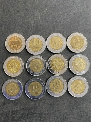 12 Uruguay 10 Pesos Coins - 12 x 10 UYU Peso Bi-metallic Uncommon Rare Vintage