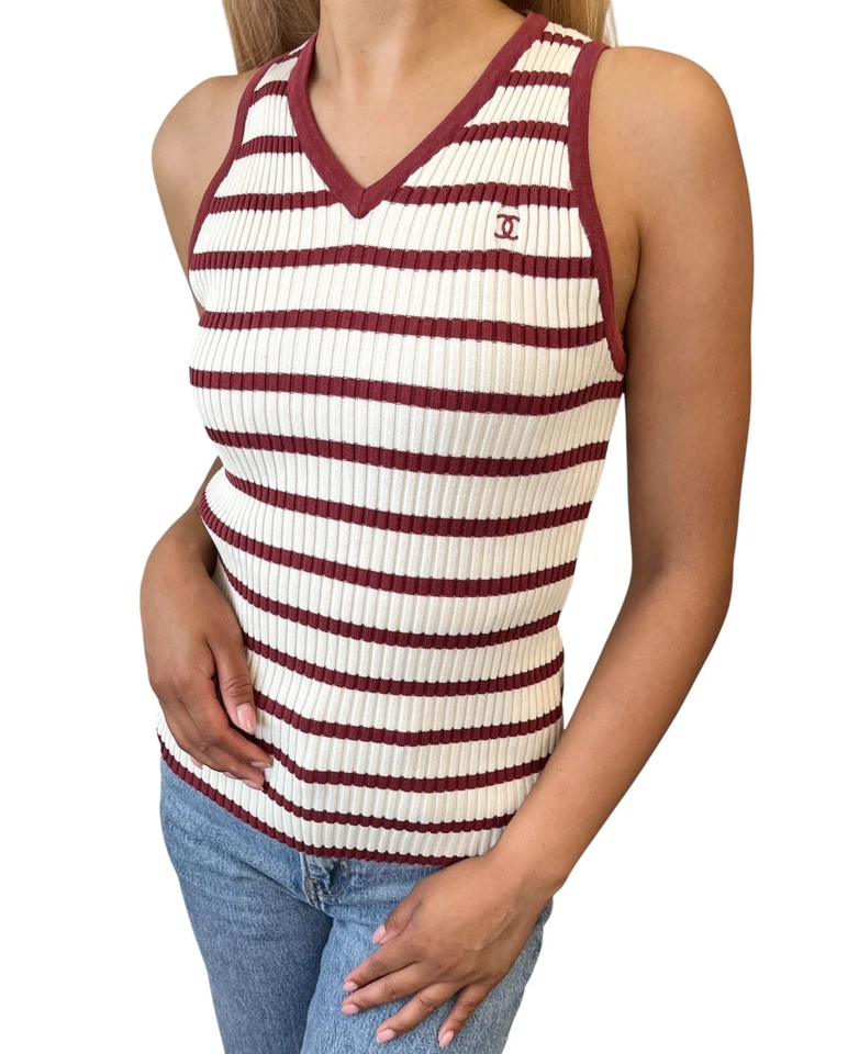 Camiseta sin mangas CHANEL Vintage 98P Marca CC Logo Punto Acanalado Rayas #40 Rojo Blanco Algodón Foto 2 de 4