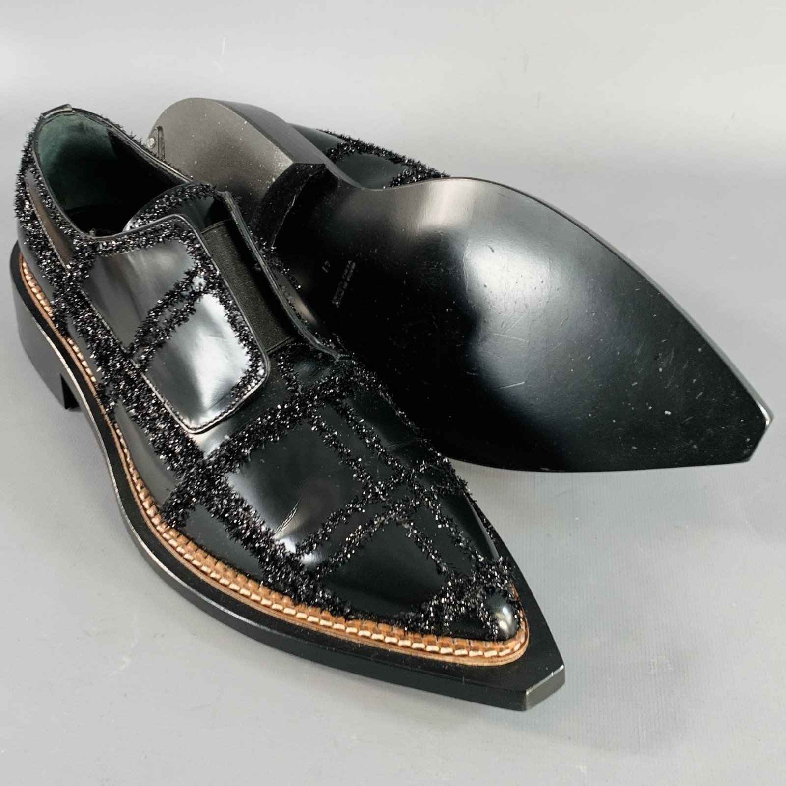 SIMONE ROCHA Size 8 Black Tinsel Embellishment Leather Slip On Loafers image 5