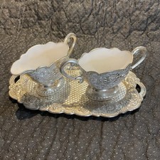 Silver Plated Creamer & Sugar Bowl Tray Porcelain Ornate Rose Pattern 20cm Wide