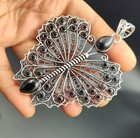 Black Onyx Gemstone Handmade 925 Sterling Silver Jewelry Pendant Size 3"