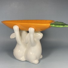 Sweet Ceramic Serving Dish White Bunnies Carrying Carrot Tray ~ Nice!
