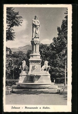 Postcard Bolzano, Monument to Walter 1937