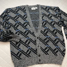 VINTAGE Sostanza Fashion Police Cardigan Sweater Mens XL Black Gray Abstract 90s