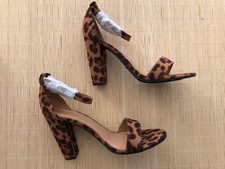 NEW Leopard Print BAMBOO Open Toe Ankle Strap Block High Heel Size 8 Sandals Box