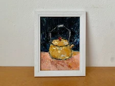Golden Teapot Impasto Oil Painting On Canvas Board Kitchen Wall Art Decor