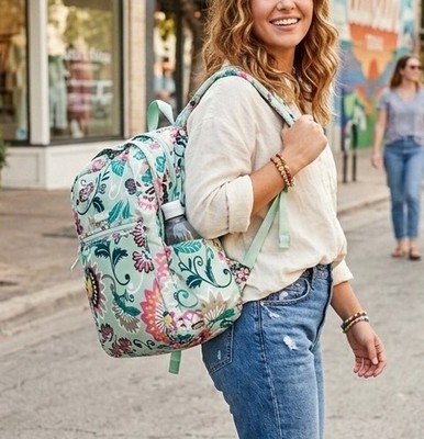Vera Bradley Lighten Up Grand Laptop Backpack Mint Flowers Snail Green Pink