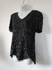 Vintage 80s 90s Frank Usher Beaded Silk Black Top Evening Sequin Occasion Blouse