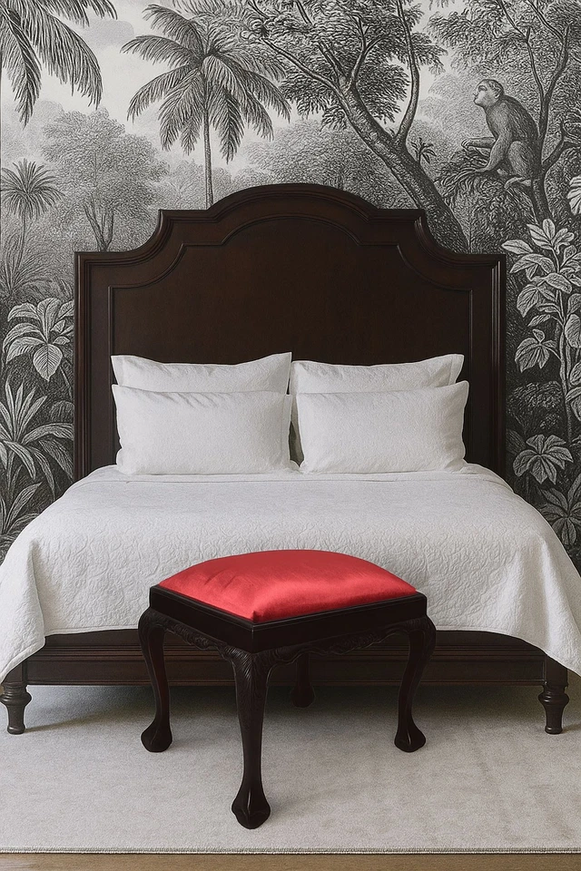 Sitzbank Antik Hocker roter Samt Schemel Mahagoni Bank Vintage Sitzhocker - Bild 4 von 4