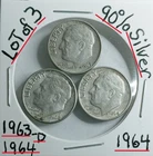 Lot of 3 Roosevelt Dimes 90% Silver 1963-1964-1964 VG Condition Look @ & Judge**