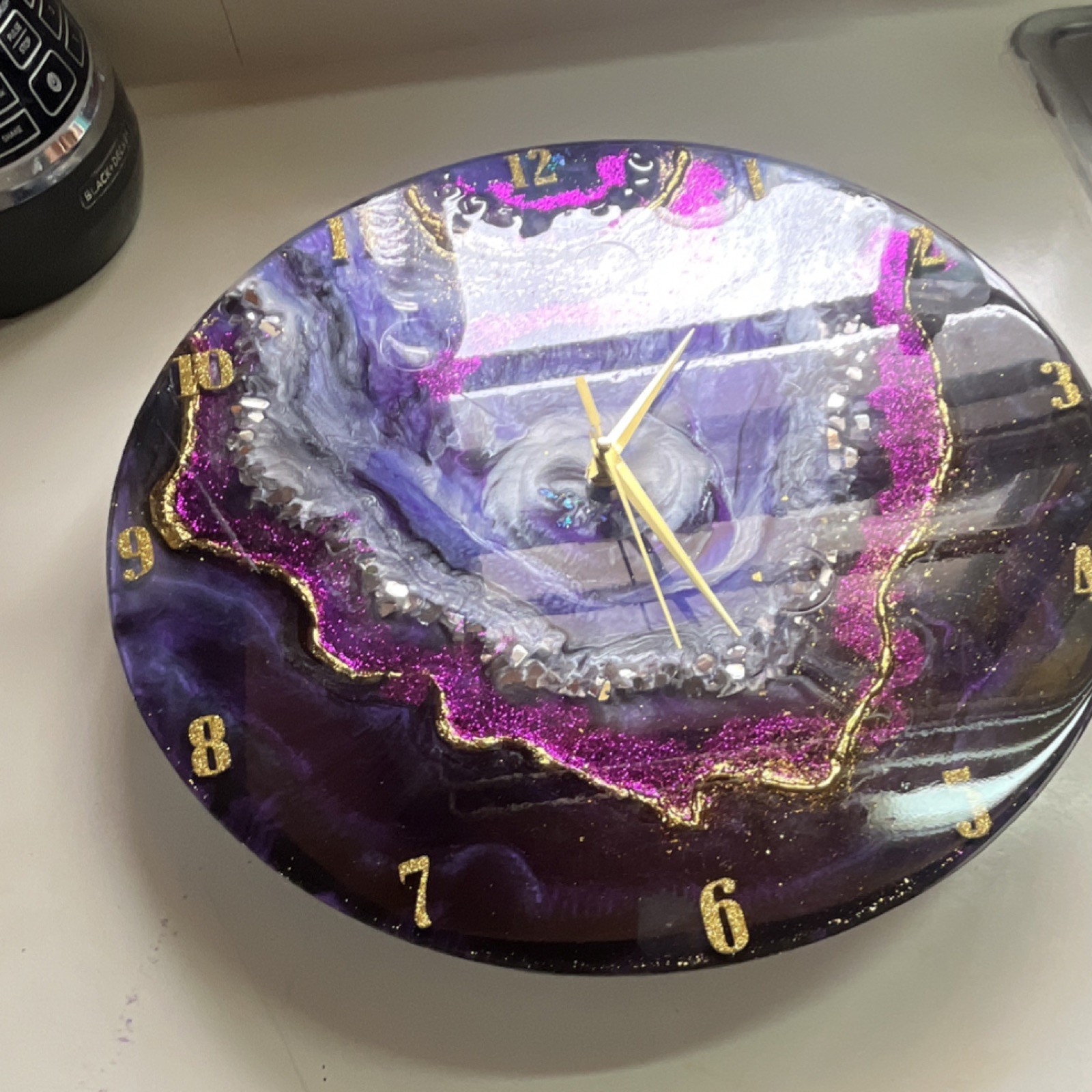 Handmade Purple Gold Geode Resin Wall Clock Quartz Movement 
