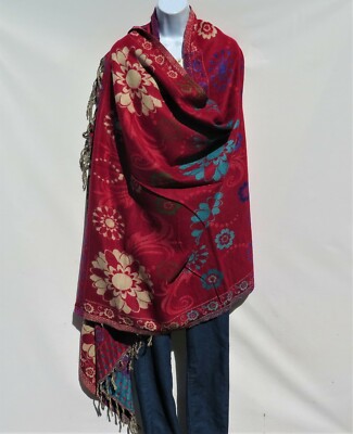 Yak+Sheep Wool|Flora|Shawl/Throw/Wrap |Handloomed|Reversal|Base Color: Red